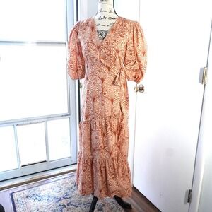 Hutch Orange Geometric Print V Neck Midi Wrap Dress Puff Sleeve Tiered Skirt S